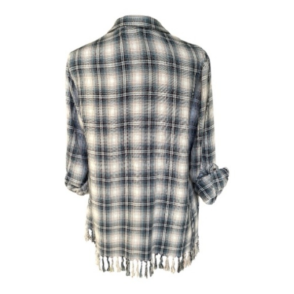 Willow & Clay Blue and Cream Plaid Fringe Cardigan - Picture 2 of 3